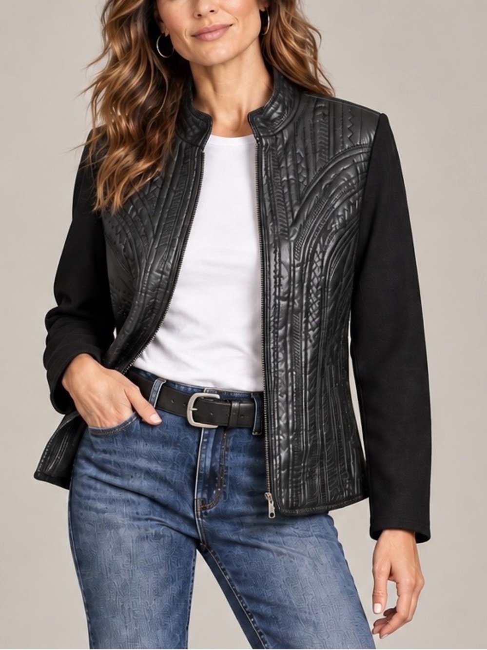 VTG Peter Nygard Genuine Leather and Fabric Mixed Media Zip Moto Jacket Size L